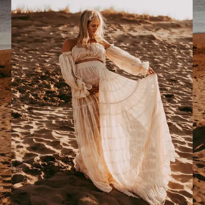 Robe de maternité pour séance Photo plissée en mousseline de soie, Sexy, épaules dénudées, haut fend