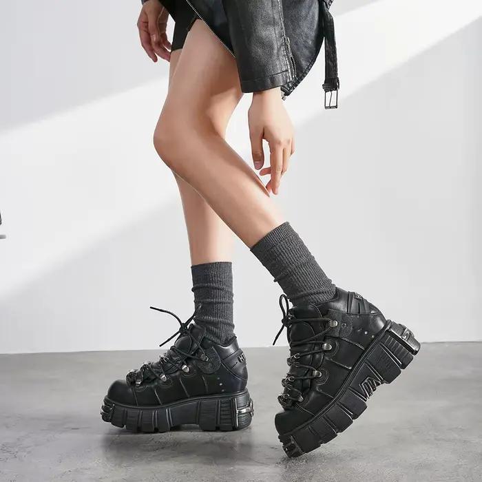 Nouvelles Chaussures Femme Style Punk 2026 – Bottes Rock à Lacets avec Plateforme et Talon de 6 cm