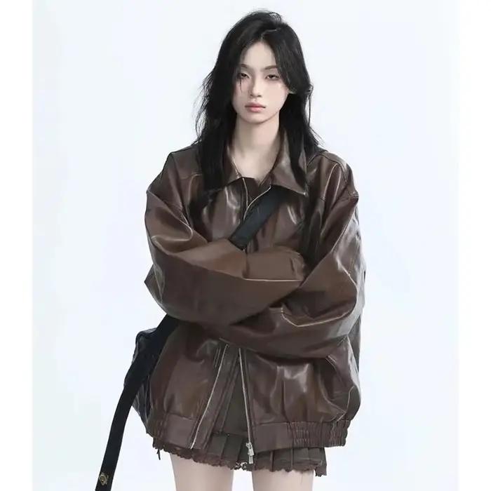 Veste rétro en Faux cuir pour femmes, mode printemps-automne, fermeture éclair, manteau en cuir à ma