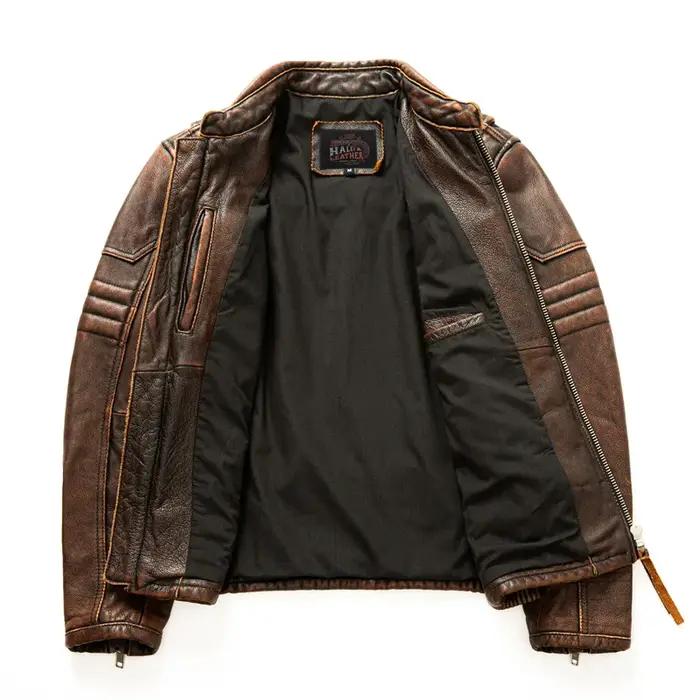 Veste de moto à col montant en cuir de vachette naturel pour hommes, vêtements de motard, marron rét