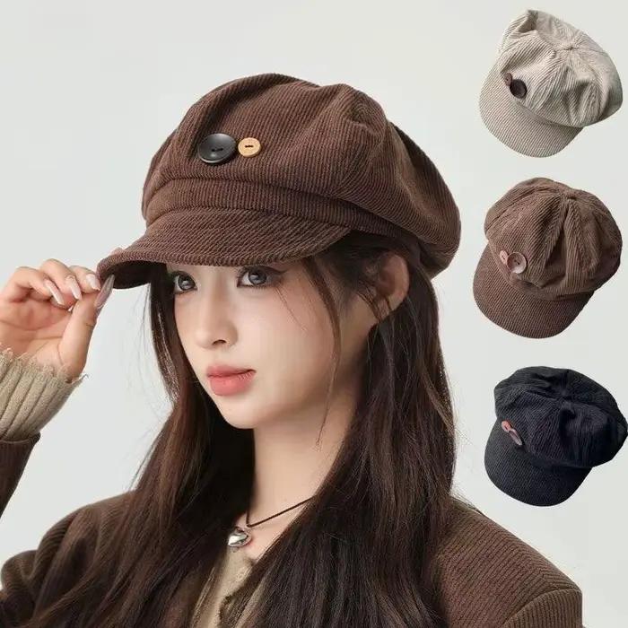 Béret Vintage en velours côtelé pour femmes, casquette octogonale à boutons coréens, chapeaux d'arti