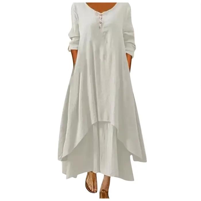 Robe longue en coton pour femmes, décontractée, à la mode, avec boutons, couleur unie, pour document