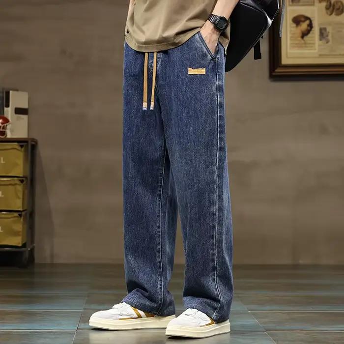 Jean ample à jambes droites pour hommes, bleu et gris, avec cordon de serrage, Streetwear décontract