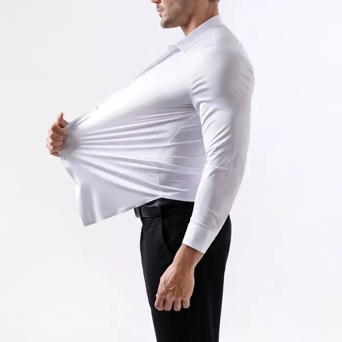 Chemise à manches longues pour hommes, extensible dans les quatre voies, sans fer, soyeuse, commerce