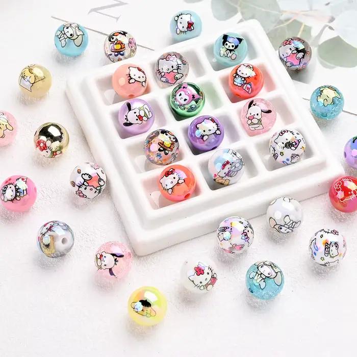 Perles acryliques mélangées aléatoires, 30 pièces, perles rondes imprimées Sanrio, amples pour brico