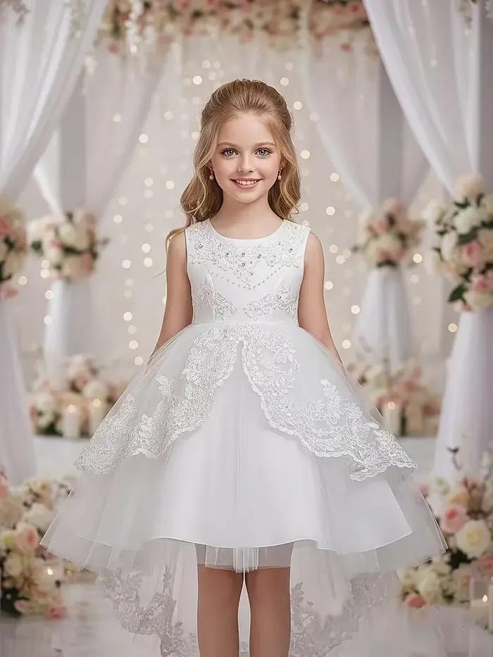 Robe de cérémonie fille brodée dentelle et perles princesse élégante pour anniversaire mariage fêtes de fin d'année occasions spéciales enfants