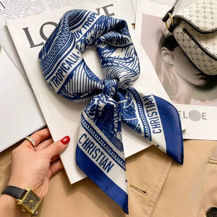Foulard carré imprimé pied-de-poule pour femmes, 1 pièce, 70cm, lettres christiennes en soie, à la m
