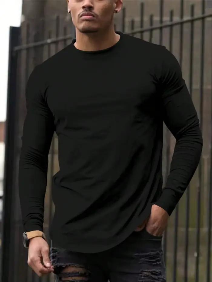 T-Shirt décontracté à manches longues et col rond pour hommes, toutes saisons, couleur unie, en pur