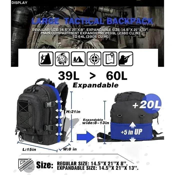 Sac à dos tactique Extra Large 60L pour hommes et femmes, résistant à l'eau en plein air, de randonn