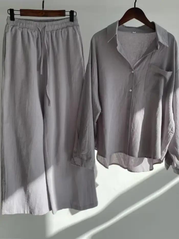 Costume chemise en coton et lin pour femmes, nouvelle tendance, taille haute, pantalon ample, ensemb