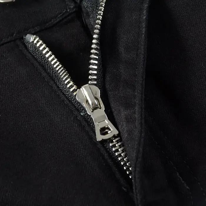 Jean de motard en cuir fissuré pour homme, pantalon en Denim Stretch, effilé, déchiré, Patchwork noi