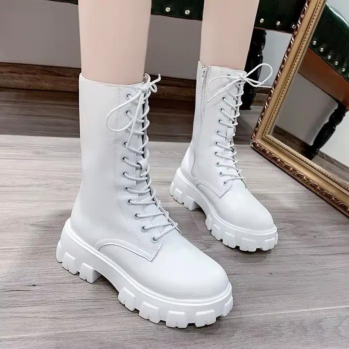Nouveau mi-mollet bottes femmes automne hiver mode à lacets dames bottes plate-forme à glissière sem