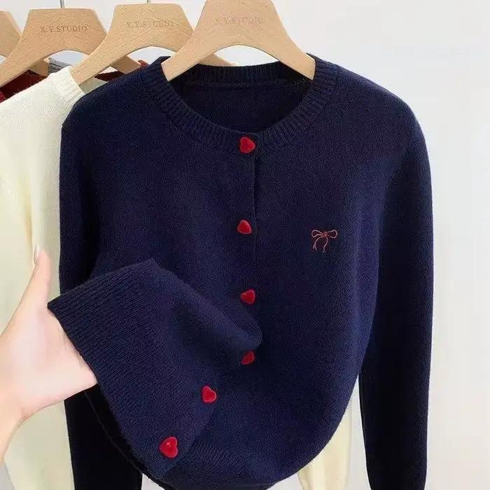 Cardigan en tricot pour femme 2026, broderie nœud, col rond, boutonnage simple, boutons en forme de