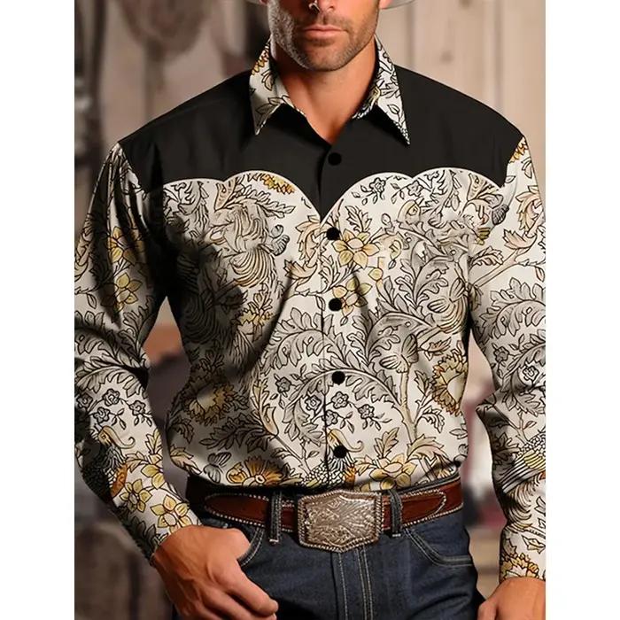 Chemise en jean occidentale Yellowstone pour hommes, motif patchwork bicolore, haut à boutons déroul