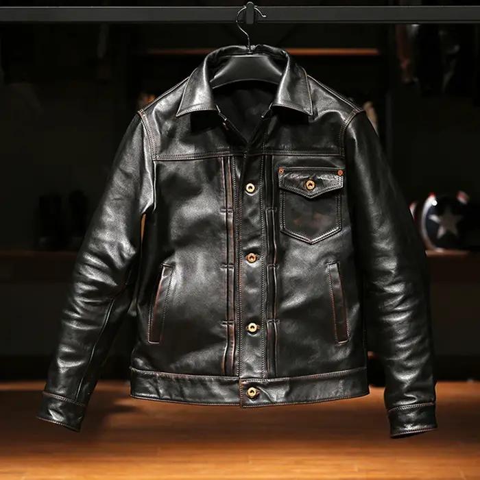 Veste vintage en cuir véritable pour hommes, vêtements de haute qualité, style coréen, Tea Core, rev