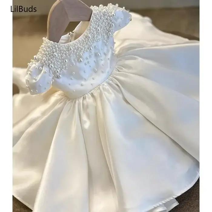 Robe en Satin blanc pour bébé fille, haut de gamme, faite à la main, robes de princesse élégantes po