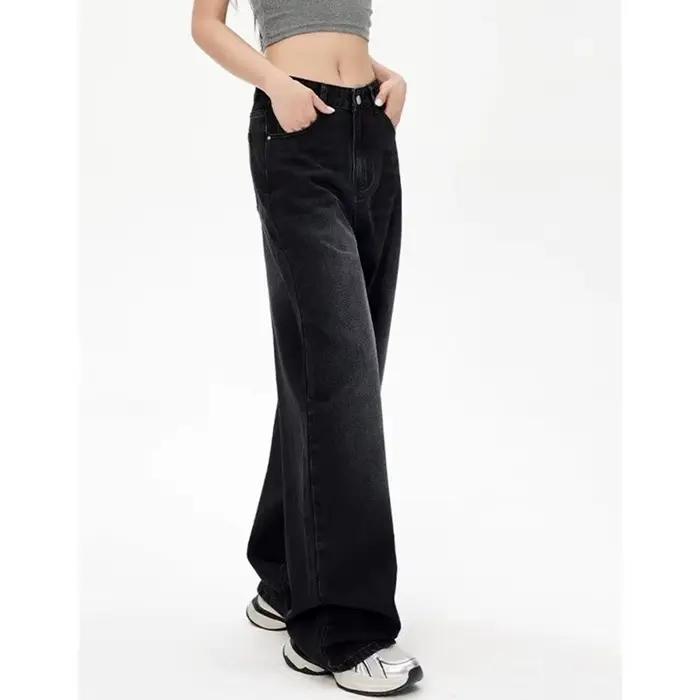 Jean taille haute rétro noir gris pour femme, pantalon en Denim à jambes droites, coupe ample, fin,