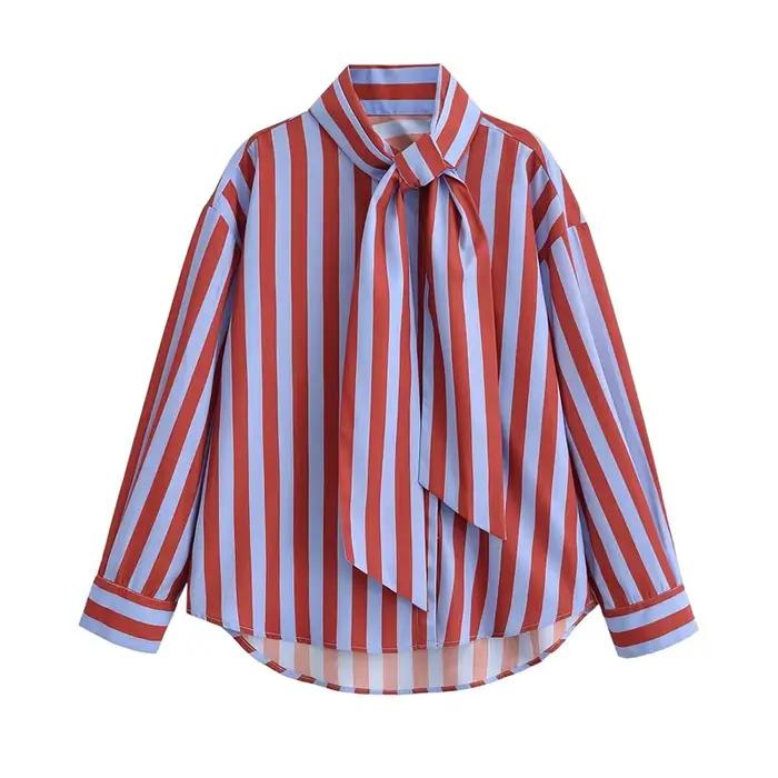 Chemise à rayures verticales rouges et bleues pour femmes, avec col noué, manches longues, ourlet in
