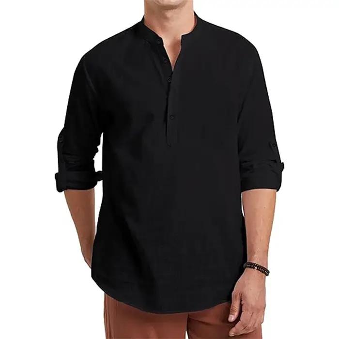 Polo à manches longues en coton et lin pour hommes, léger, col Henley, Style plage hawaïen, couleur