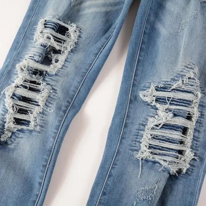 Jean de motard en Denim Stretch pour hommes, pantalon déchiré classique, bleu plissé, Patchwork, Str