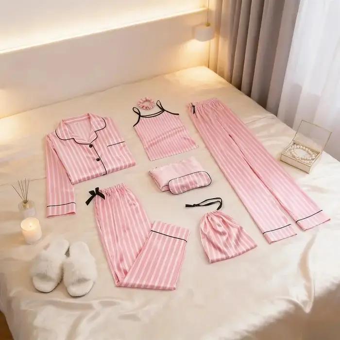 Ensemble pyjama rayé en soie pour enfants, 7 pièces, vêtements de maison, tenue de nuit confortable