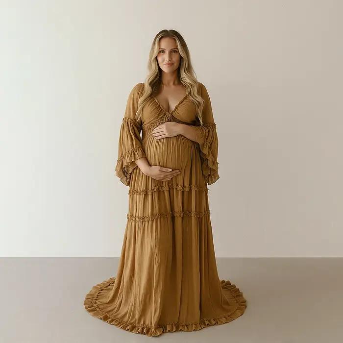 Robe de maternité fluide style Boho, manches longues, à volants, Maxi, robe de grossesse, réception-