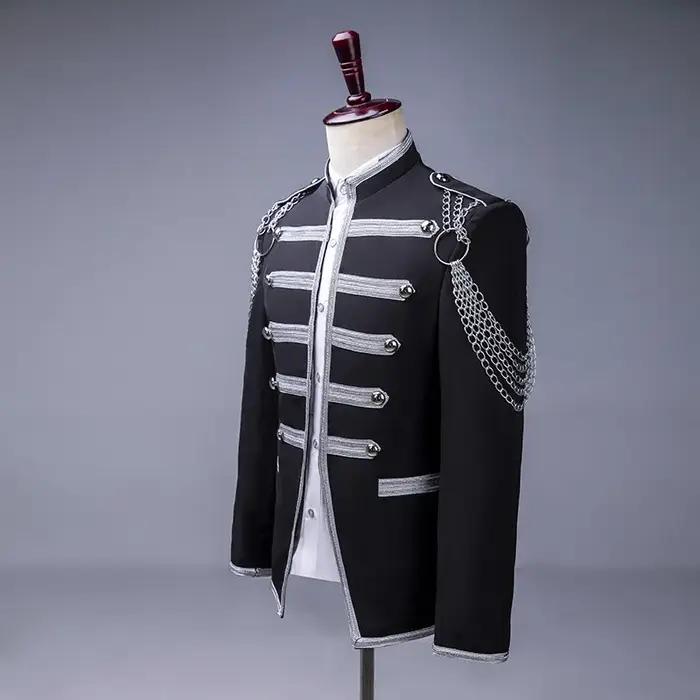 Blazer militaire noir avec chaîne argentée pour hommes, veste de spectacle de magicien pour chanteur