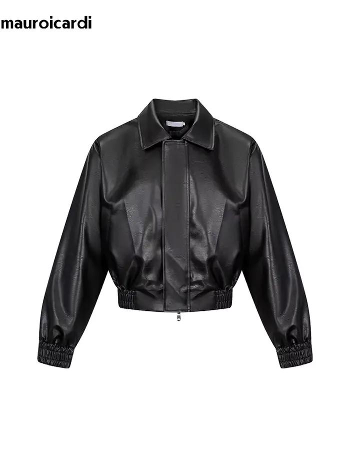 Mauroicardi printemps automne Cool surdimensionné court noir doux Pu veste en cuir hommes fermeture