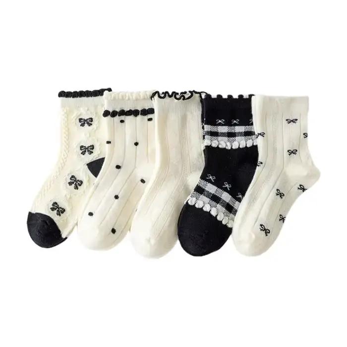 Chaussettes en coton solide pour enfants filles, 5 paires de nœuds papillon, douces, respirantes, ra