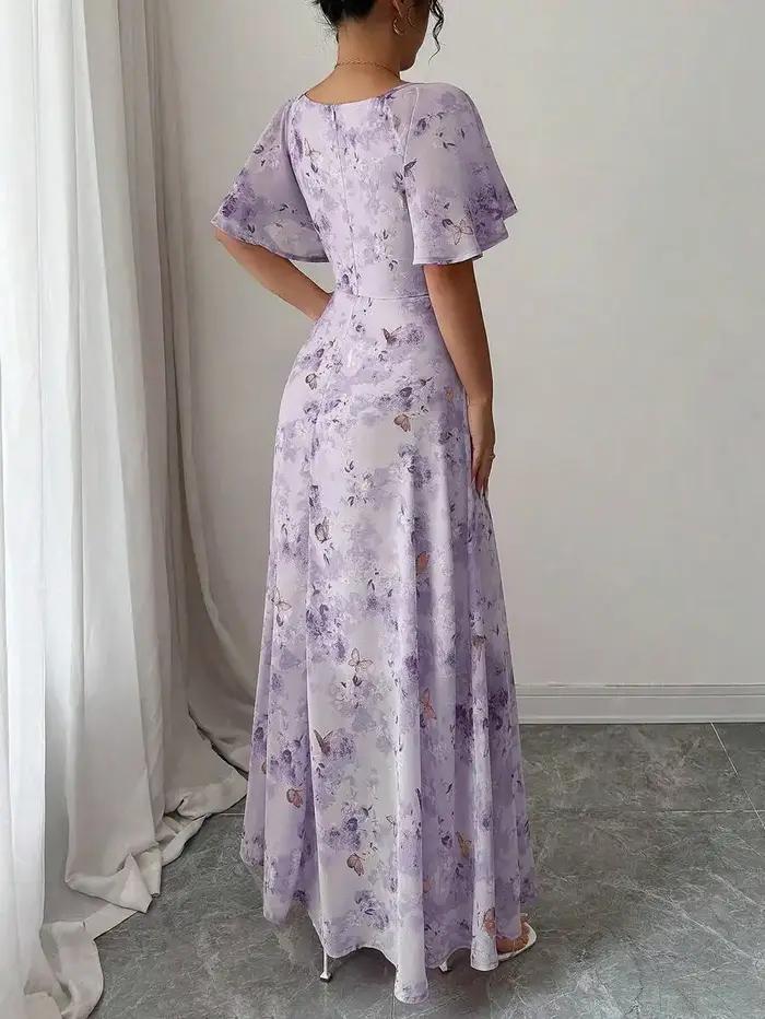 Mini robe de style français pour femmes, avec imprimé papillon violet, manches chauve-souris et ferm