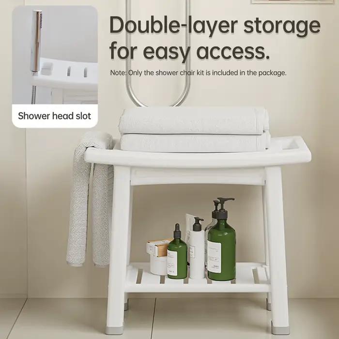 Banc de douche durable avec rangement à deux niveaux et coussinets antidérapants pour femmes et hommes occasions quotidiennes et cadeaux