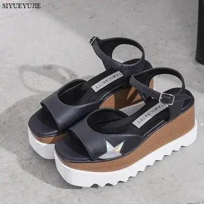 Femme étoiles chaussures femmes bout carré à lacets fond épais plate-forme chaussures compensées, ha