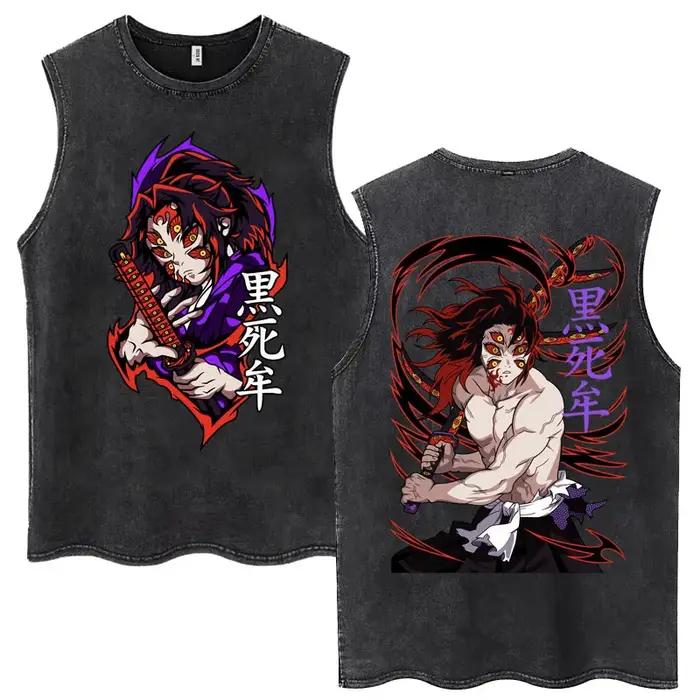 Débardeur en coton sans manches pour hommes et femmes, délavé, Anime Demon Slayer Hashibira Inosuke,
