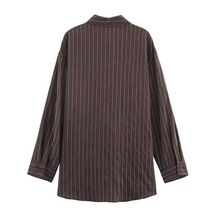 Chemise femme 2025 hiver nouveau Style chemise à manches longues rayée marron rougeâtre avec décor d