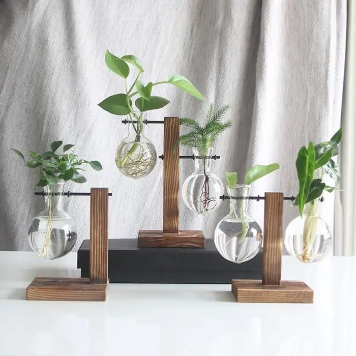 Vase à ampoules de jardinière de bureau en verre créatif, support en bois, conteneur de plantes hydr