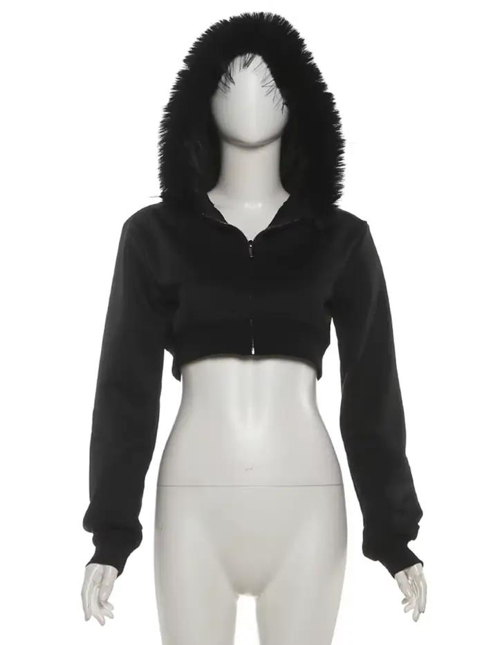 SIsterlinda Tendance Furry Patchwork Veste Femmes À Capuche Automne Tendance Zip Super Court À Manch
