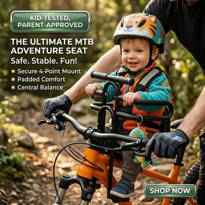Siège enfant avant pour VTT avec accoudoirs et pédales rembourrés installation facile sécurité vélo balade randonnée familial cadeau naissance