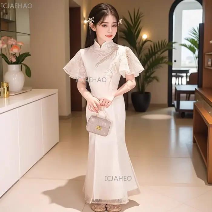 Robe Qipao Blanche pour Filles, Robe Enfant, Tenue de Cérémonie pour Enfants, Costume de Fête Formel
