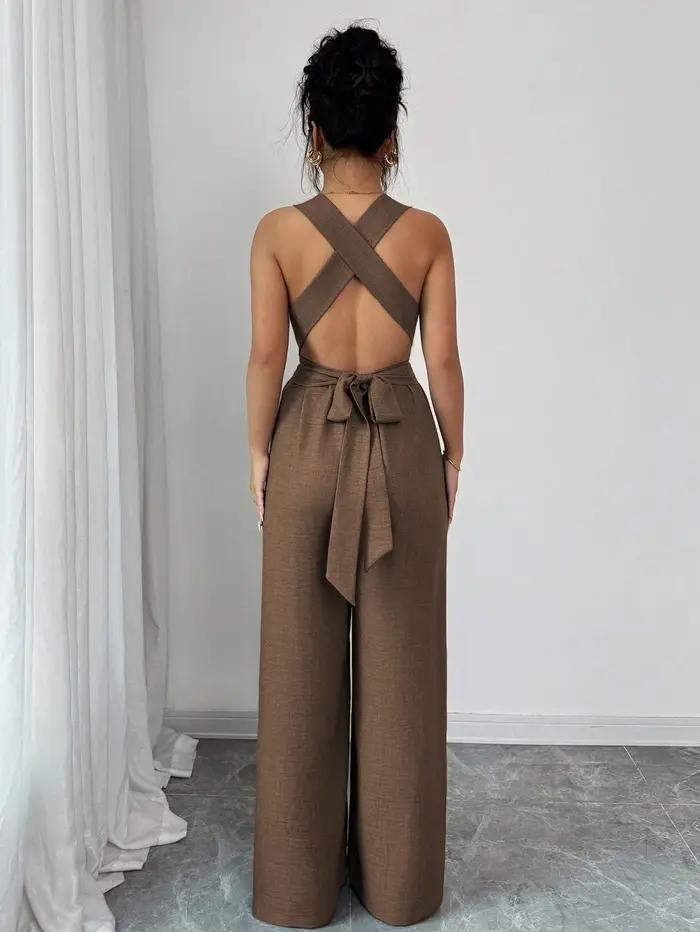 Combinaison femme col en v cravate taille large tenue d'été décontractée Style Madeleine été marron