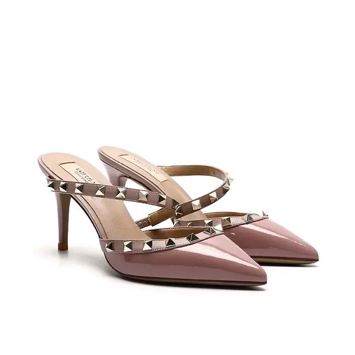 Escarpins de gladiateur en cuir pour femmes, sandales de luxe en métal riveté, pantoufles d'extérieu