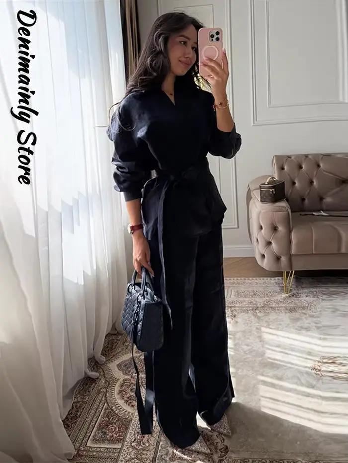 Ensemble décontracté 2 pièces en lin pour femme : chemise ample à col revers et lacets, pantalon lar