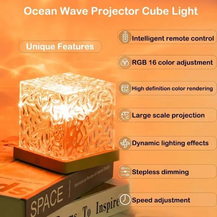 Projecteur d'ondulation d'eau rotatif dynamique, veilleuse 3/16 couleurs, lampe en cristal de flamme