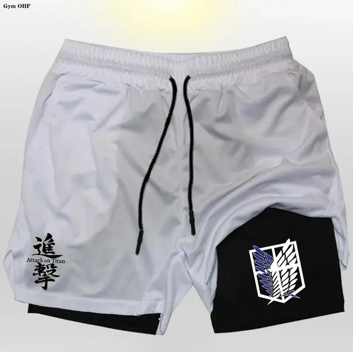 Anime Attack On hommes Gym séchage rapide Jogging Shorts Fitness entraînement course 2 en 1 pantalon