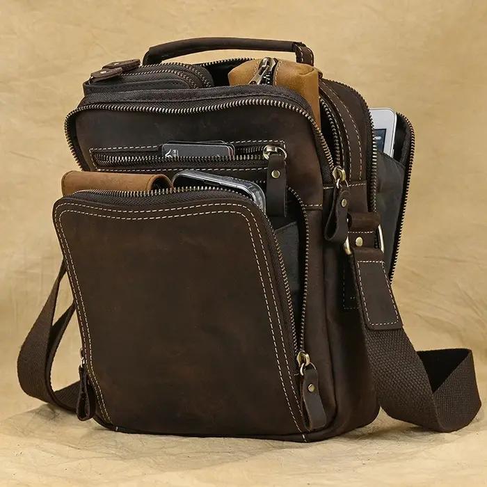 Luufan-Sac en cuir véritable pour homme, sac messager vintage, peau de cheval, double fermeture écla