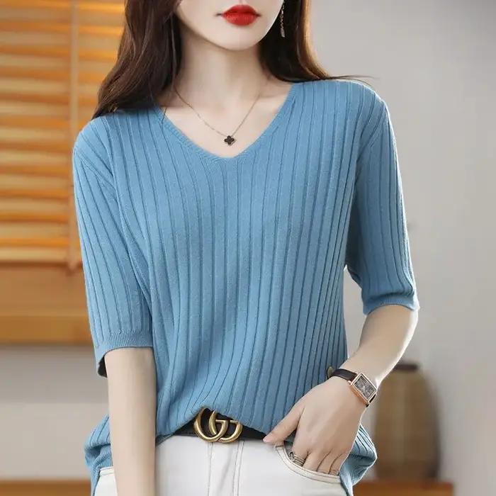 Pull tricoté en cachemire à manches courtes et col en v pour femme, pull de couleur unie, nouvelle c