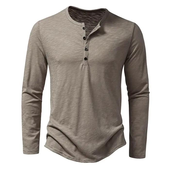 Nouveau hommes coton Henley t-shirt à manches longues T-Shirts basique décontracté bouton col respir