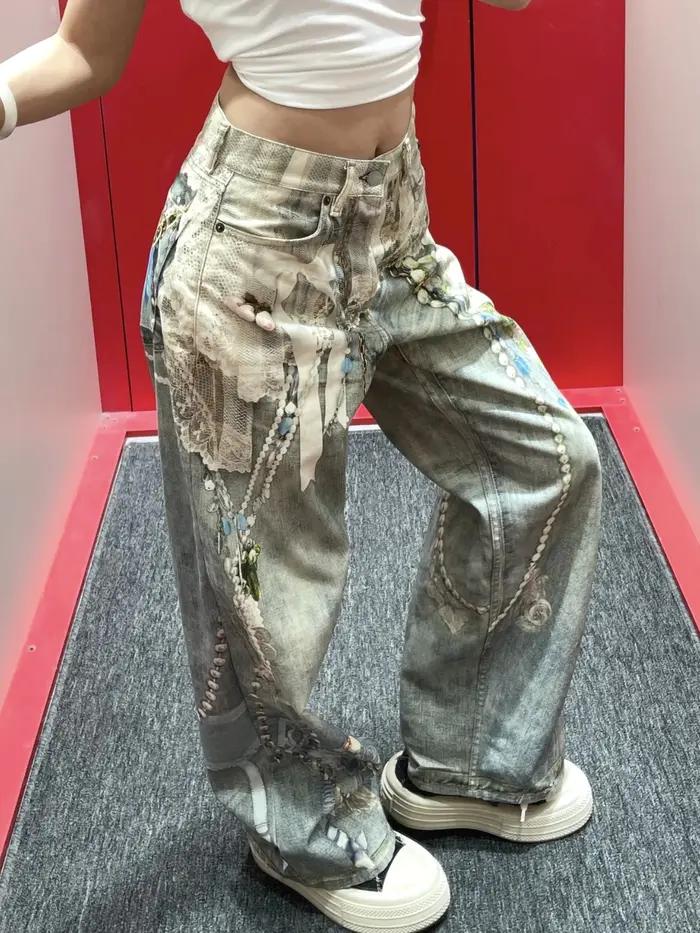 25SS dentelle perle chaîne trompe l'oeil 3D imprimé 1981 jambe droite jean pour hommes et femmes rop