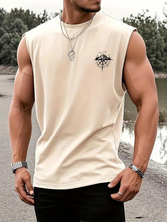 Gilet de sport décontracté à la mode pour hommes, boussole ample et motif de montagne imprimé, confo