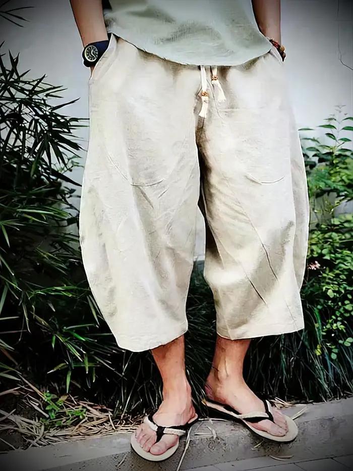 Été plage coton lin Shorts décontracté és hommes japonais jambe large Baggy Capris pantalon mâle Spo