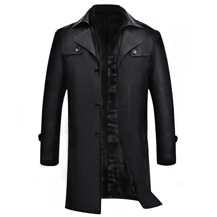 Veste d'hiver en cuir polaire pour hommes, costume d'affaires mi-long décontracté avec col coupe-ven